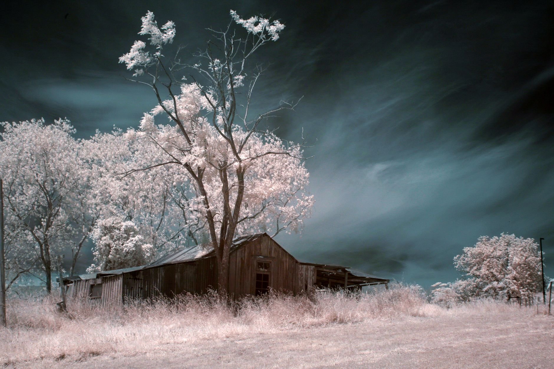 Atmospheric shot of an abandoned farmhouse with infrared effect under dramatic skies.